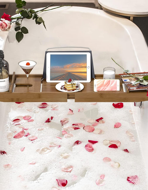 Load image into Gallery viewer, Bathtub Caddy Tray Expandable Bamboo Bath Tub Tray for Luxury Bath with Book Holder Free Soap Dish Brown
