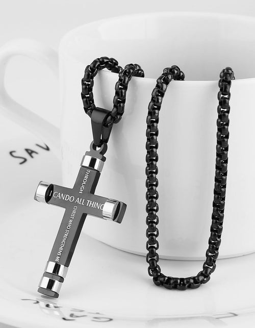 Load image into Gallery viewer, Philippians 4:13 Cross Pendant STRENGTH Bible Verse Stainless Steel Necklace 3 Colors Available
