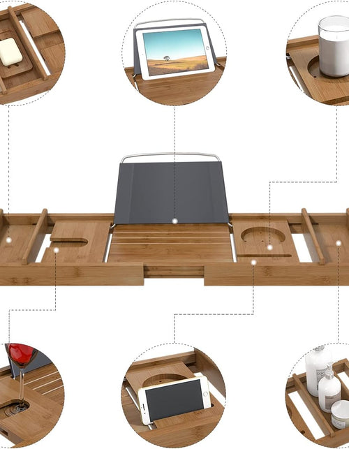 Load image into Gallery viewer, Bathtub Caddy Tray Expandable Bamboo Bath Tub Tray for Luxury Bath with Book Holder Free Soap Dish Brown
